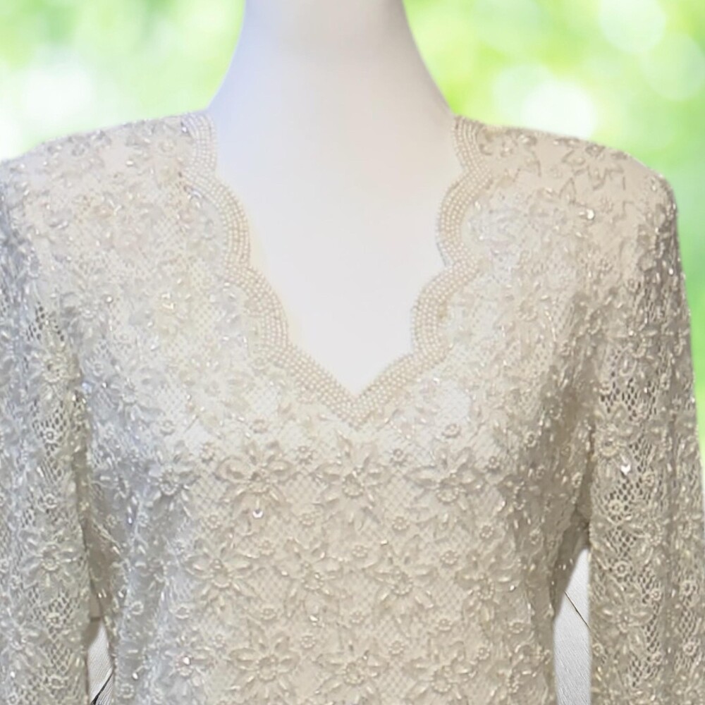 Vintage 80s LAURENCE KAZAR Hand Beaded Lace Maxi Sheath Gown White Size S Bridal - Picture 2 of 16